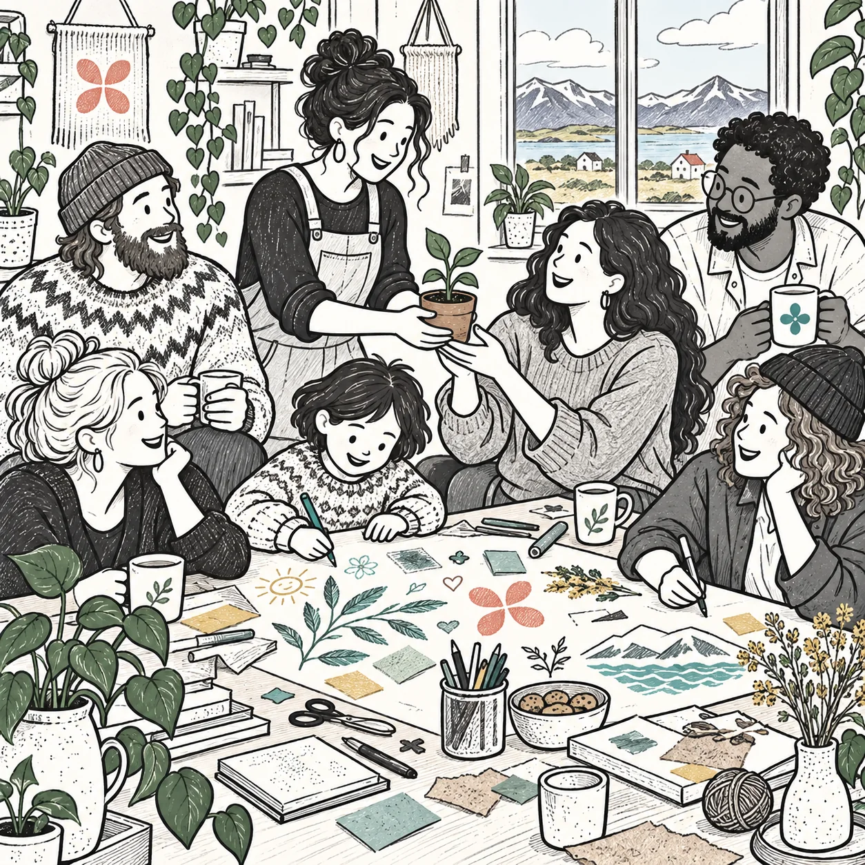 Neighbors sharing a seedling, ideas, and tea around a creative community table